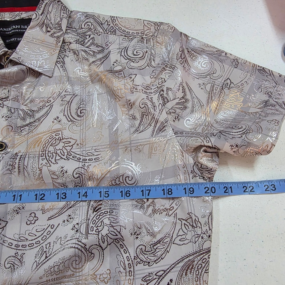 American Breed Mens Smart Shirt Short Sleeve Metallic Paisley Beige Gold Small - Picture 9 of 10
